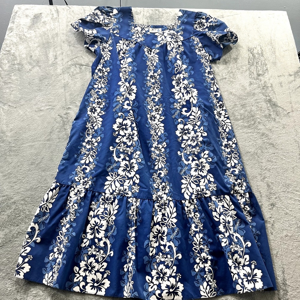 KY's Hawaiian MuuMuu Dress Blue Hibiscus Cotton Ruffles Vintage Midi Medium